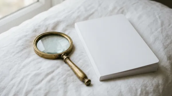 A brass magnifying glass lying next to a closed white notebook on a white linen cloth