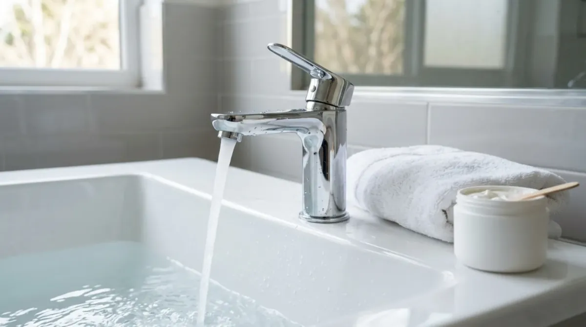 Water running from a chrome tap into a white basin, with a folded white towel and a small white jar on the edge