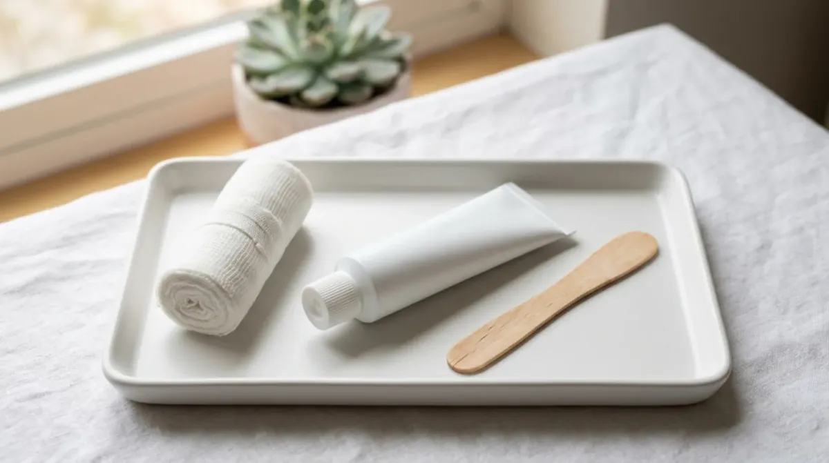 A white tray on a table holding a rolled white bandage, a white tube and a wooden spatula, with a small succulent behind it