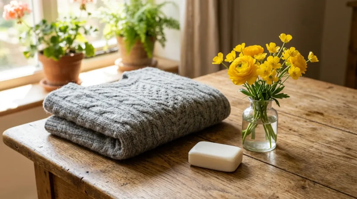 A folded grey cable-knit sweater and a plain white bar of soap on a sunny wooden table beside a glass vase of yellow flowers and potted plants on the windowsill