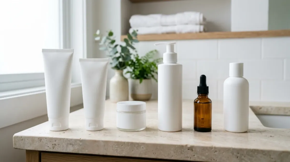 Six plain white tubes, bottles and jars and one amber dropper bottle in a row on a stone bathroom counter, with plants and folded towels behind