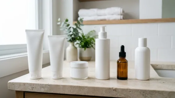 Six plain white tubes, bottles and jars and one amber dropper bottle in a row on a stone bathroom counter, with plants and folded towels behind