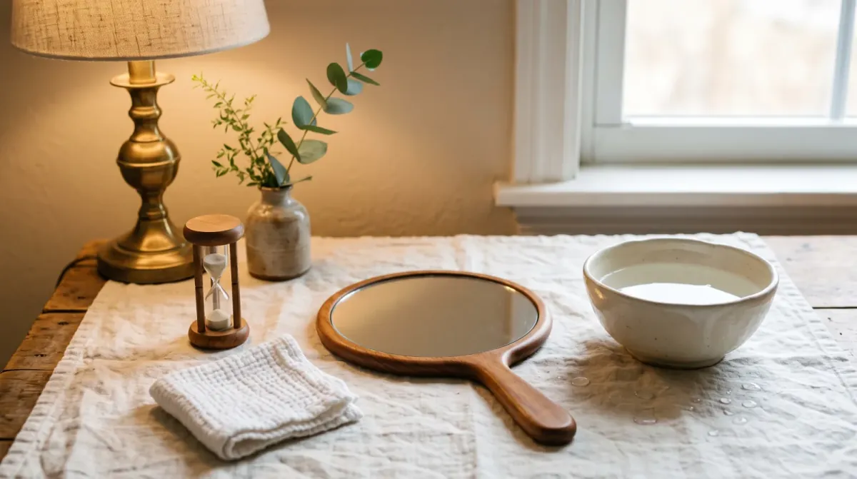 A round hand mirror with a wooden handle beside a bowl of water, a folded white towel and a small hourglass on a linen-covered table under a brass lamp