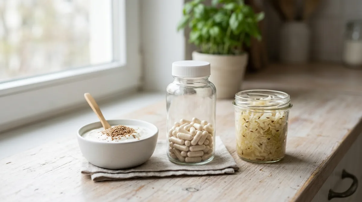A bowl of yogurt, a jar of probiotic capsules and a jar of fermented sauerkraut on a kitchen counter