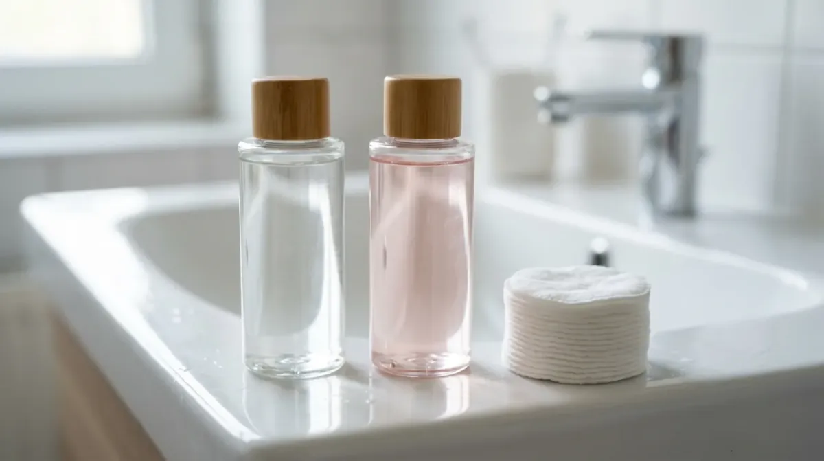 Two clear bottles with wooden caps, one holding a clear liquid and one a pale pink liquid, beside a stack of round cotton pads on a white sink