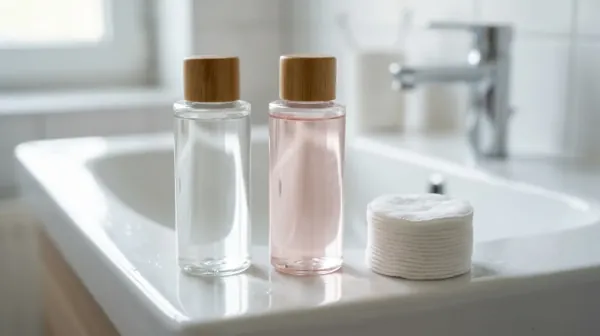 Two clear bottles with wooden caps, one holding a clear liquid and one a pale pink liquid, beside a stack of round cotton pads on a white sink
