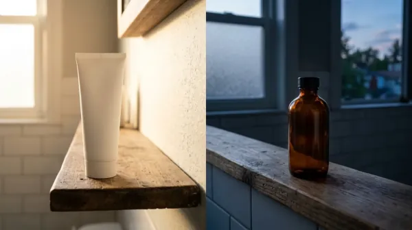 A plain white tube on a shelf in morning sunlight beside an amber bottle on a shelf in evening shade, showing morning and night steps