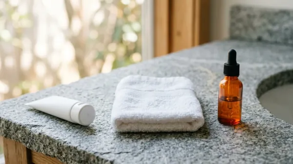 A plain white tube and a small orange glass dropper bottle placed far apart on a grey stone counter with a folded white towel between them