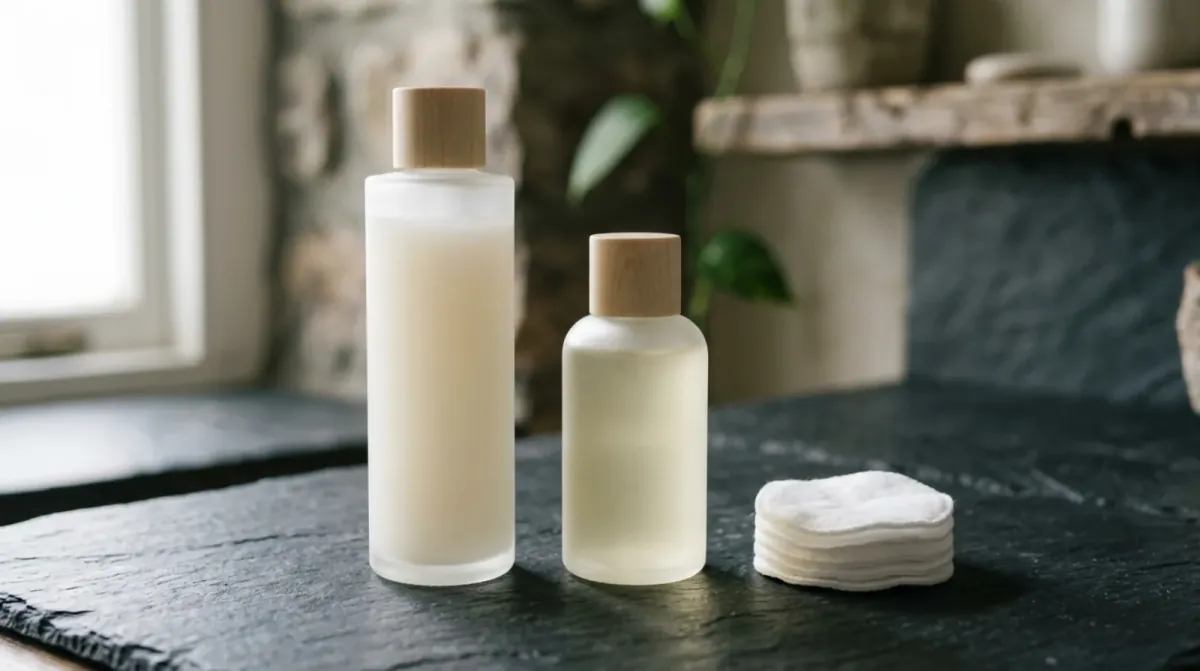 A tall white bottle and a smaller frosted bottle with wooden caps beside a short stack of round cotton pads on a dark slate surface