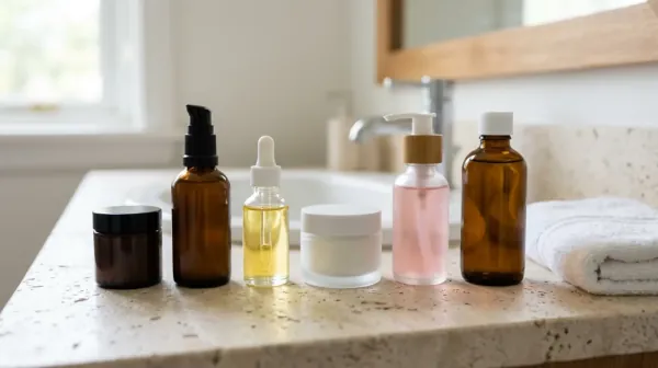 A row of six plain unlabeled skincare bottles and jars in amber, clear and frosted glass on a stone bathroom counter beside a folded white towel