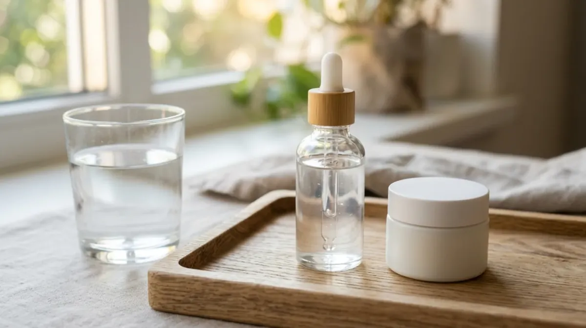 A clear glass dropper bottle with a wooden collar and a white jar on an oak tray, beside a glass of water on a linen cloth near a sunny window