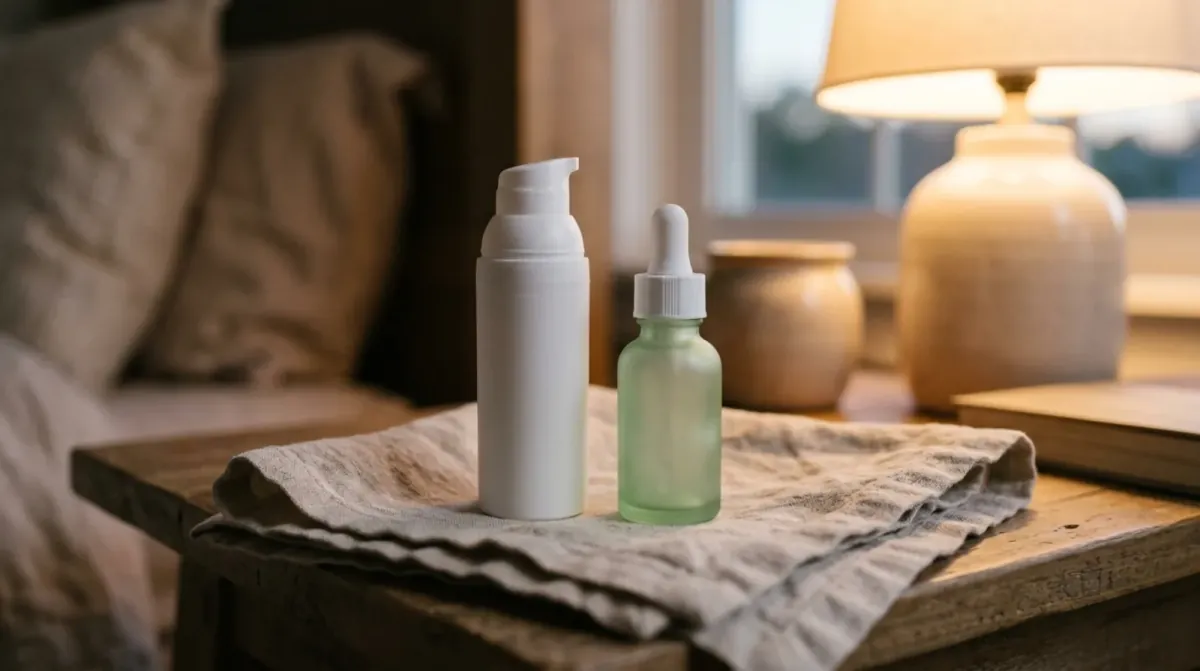 A white pump bottle and a pale green dropper bottle on a folded linen cloth on a bedside table in evening lamp light