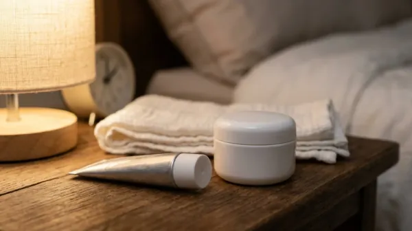A plain metal tube with a white cap lying beside a round white jar of moisturizer on a wooden bedside table with a folded washcloth