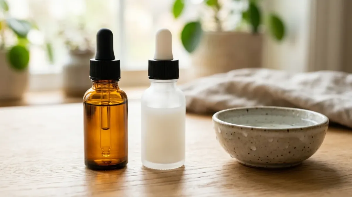 An amber glass dropper bottle and a frosted white dropper bottle side by side on a light wooden table beside a speckled ceramic bowl