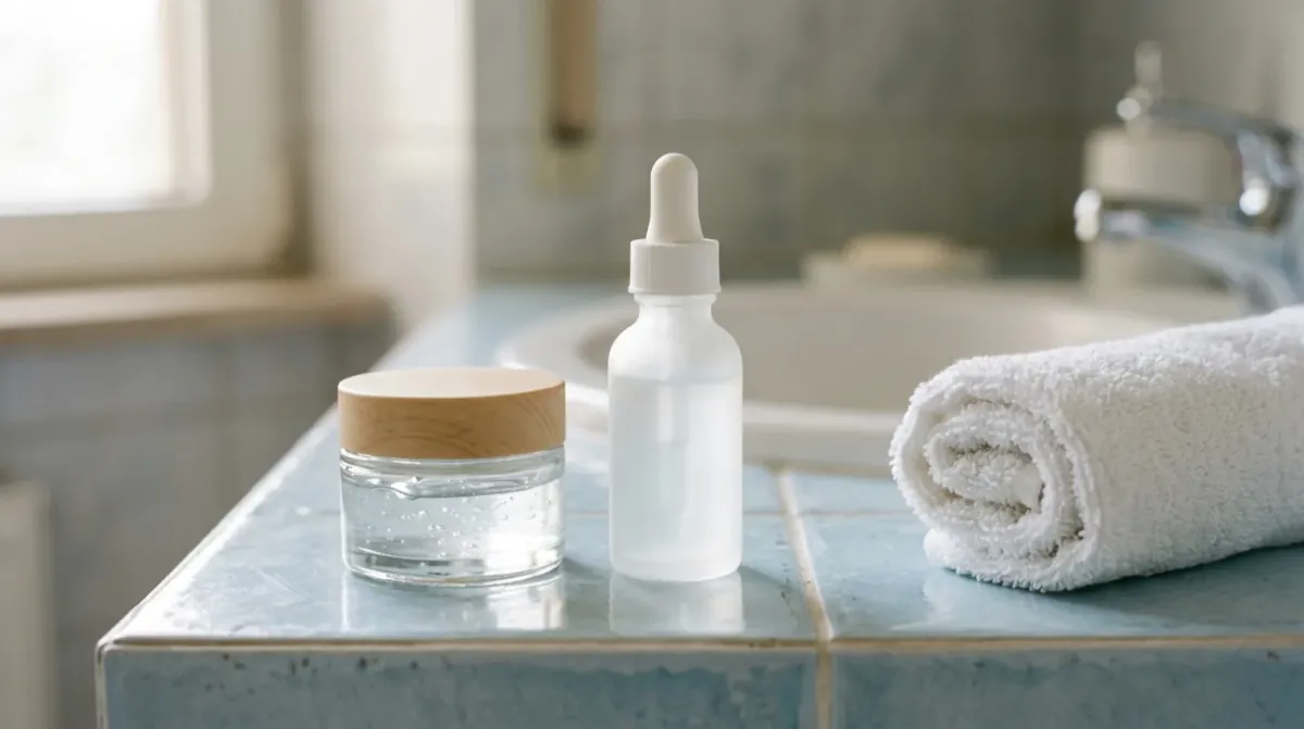A small glass jar of clear gel and a frosted white dropper bottle on a light blue tiled counter next to a rolled white hand towel
