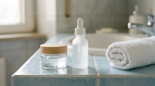 A small glass jar of clear gel and a frosted white dropper bottle on a light blue tiled counter next to a rolled white hand towel