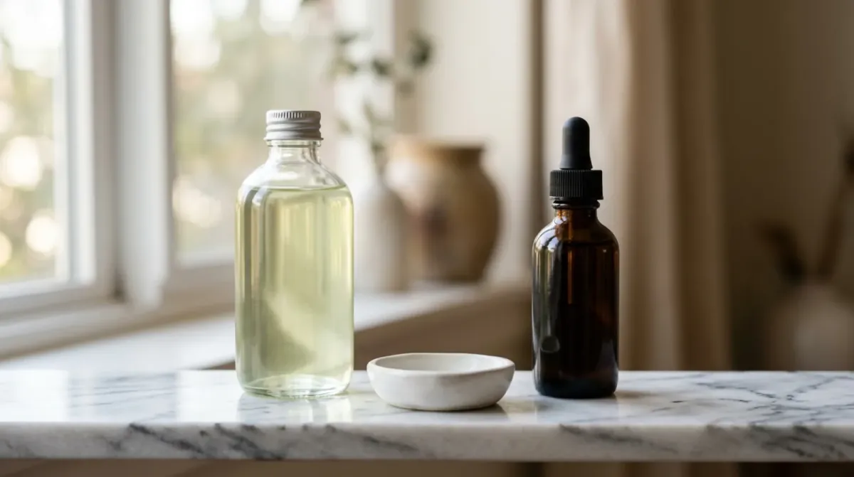 A clear glass bottle of pale liquid and an amber dropper bottle standing apart on a white marble shelf with a small ceramic dish between them
