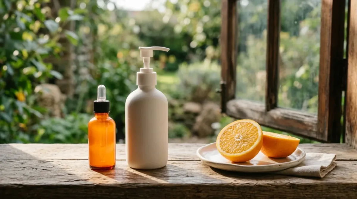 Two orange halves on a small plate beside an orange dropper bottle and a white pump bottle on a sunny wooden windowsill