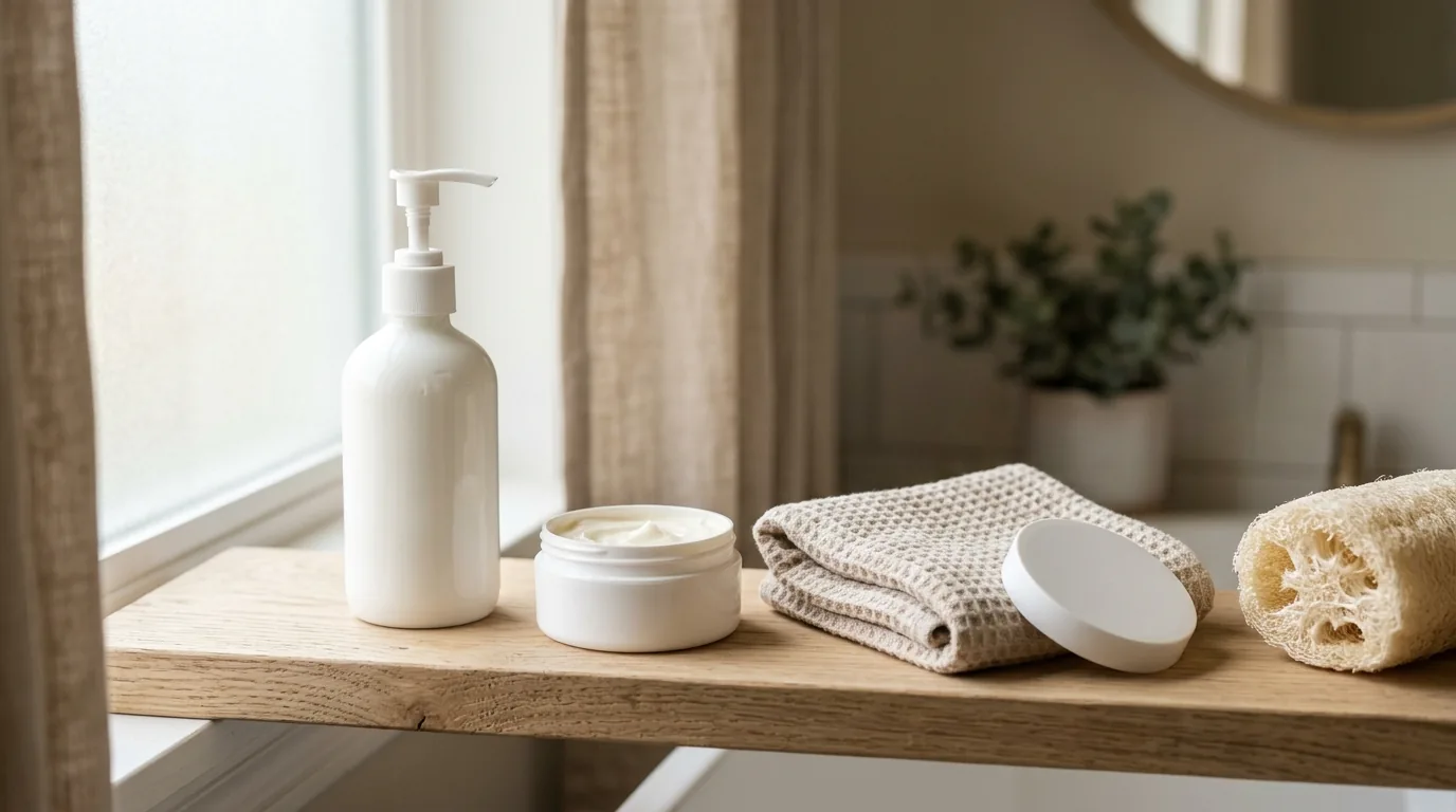 A plain white pump bottle, an open jar of thick white cream with its lid set beside a folded beige waffle washcloth, and a dry loofah on a light oak shelf by a bathroom window