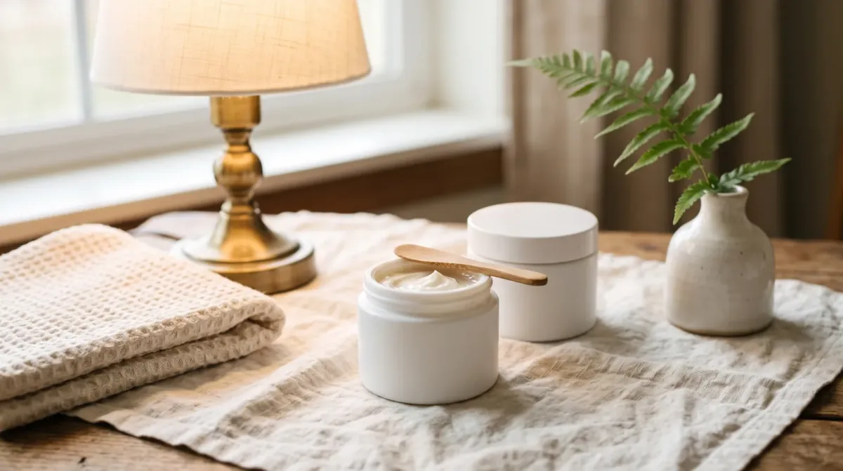 An open white jar of cream with a wooden spatula and a closed jar beside it on a linen cloth, next to a brass table lamp, a waffle towel and a small vase with a fern