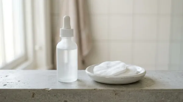A frosted glass dropper bottle with no label beside a white dish holding two cotton pads on a grey stone shelf
