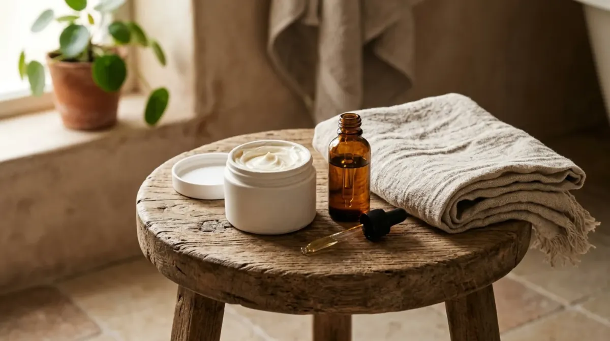 An open white jar of thick cream with its lid beside it, a small amber dropper bottle and a folded linen towel on a round wooden stool in a stone bathroom