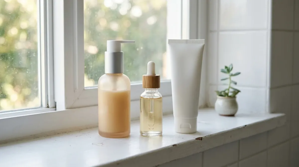 A frosted pump bottle of lotion, a small glass dropper bottle of clear serum and a plain white tube on a sunny white windowsill beside a small plant