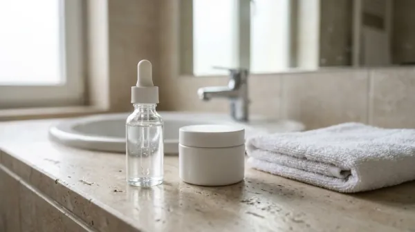 A clear glass dropper bottle of watery serum, a plain white jar and a folded white towel on a stone bathroom counter by a sink