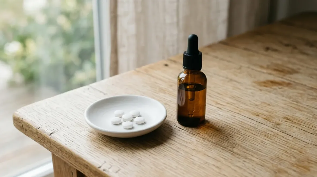 A small white dish holding six round white tablets beside an amber glass dropper bottle on a worn wooden table by a window