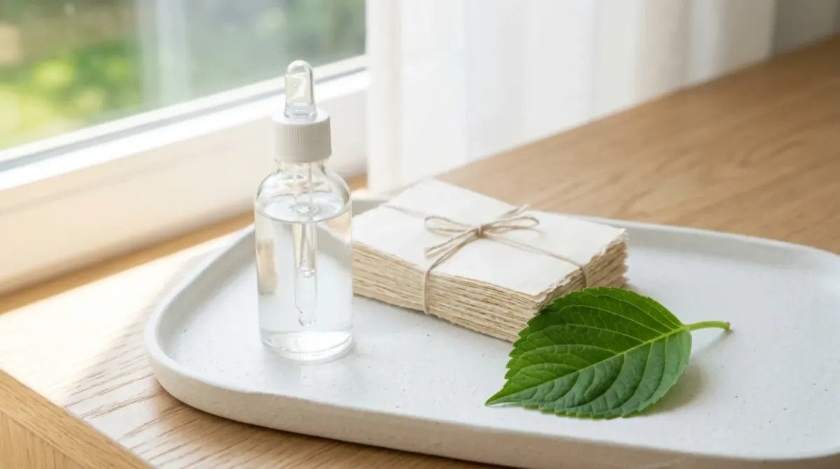 A clear glass dropper bottle, a stack of paper sheets tied with string and a fresh green leaf on a white tray by a sunny window