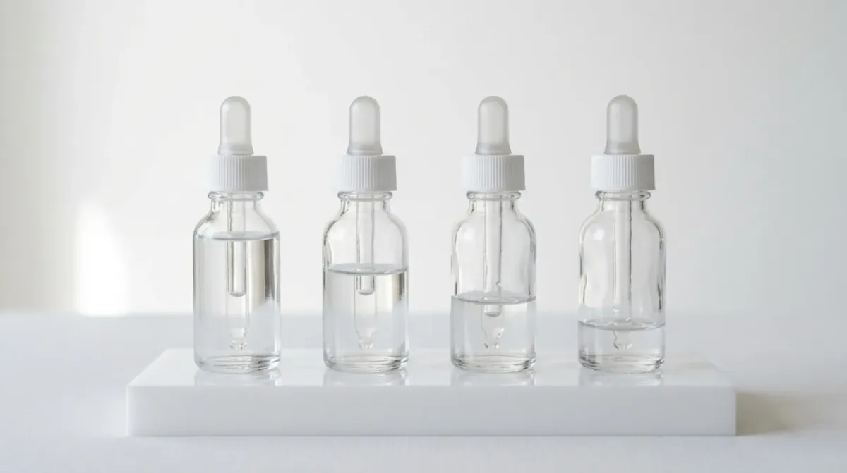 Four identical clear glass dropper bottles in a row on a white stand, each filled with clear liquid to a different level