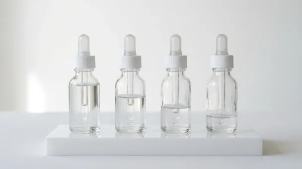 Four identical clear glass dropper bottles in a row on a white stand, each filled with clear liquid to a different level