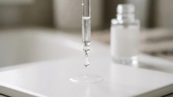 A drop of clear serum falling from a glass pipette onto a smooth white tile, with a small glass bottle out of focus behind