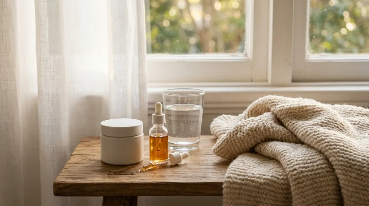 A plain white jar, a small amber dropper bottle and a glass of water on a worn wooden stool beside a cream knit blanket by a sunny window