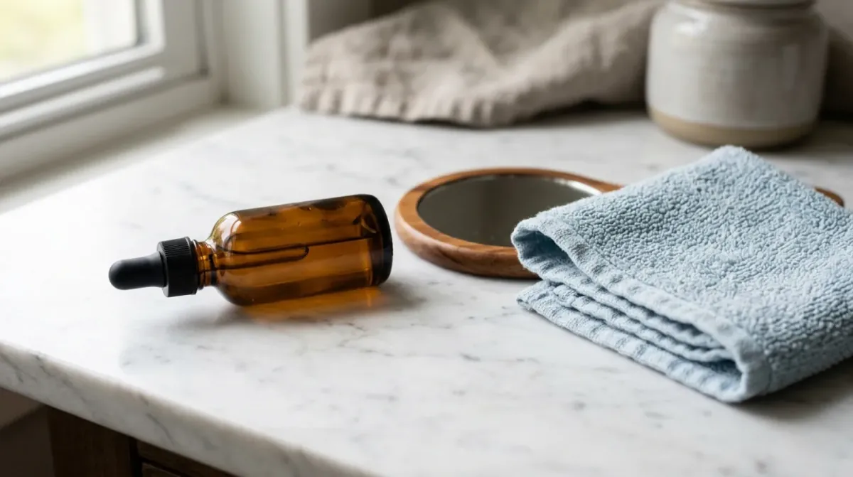 An amber glass dropper bottle lying on its side next to a round wooden hand mirror and a folded pale blue washcloth on a white marble counter