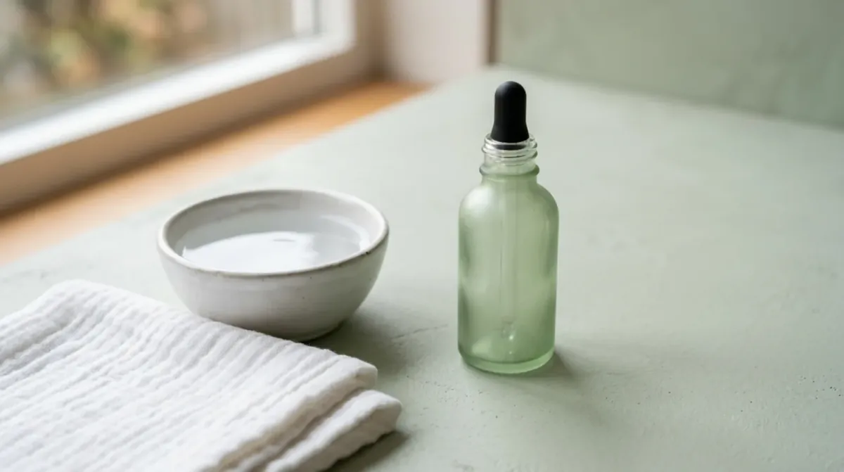 A pale green glass dropper bottle beside a small white bowl of water and a folded white cotton cloth on a sage green counter by a window
