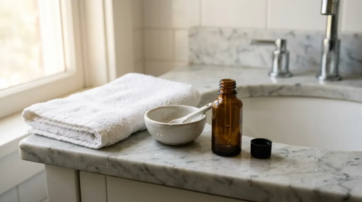 An open amber glass dropper bottle with its black cap beside it, a small ceramic bowl with a spoon and a folded white towel on a marble bathroom counter