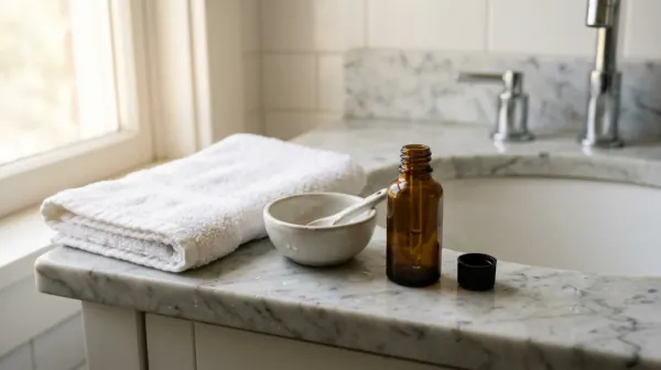 An open amber glass dropper bottle with its black cap beside it, a small ceramic bowl with a spoon and a folded white towel on a marble bathroom counter