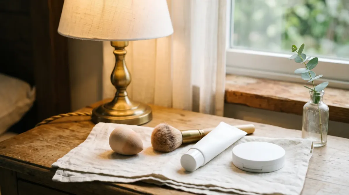 Two round makeup sponges, a white tube and a round compact on a linen cloth on a wooden desk, lit by a brass lamp beside a window