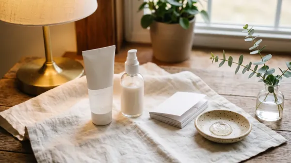 A white tube, a pump bottle of light lotion, a stack of blotting papers and a dish of clear gel on a linen cloth