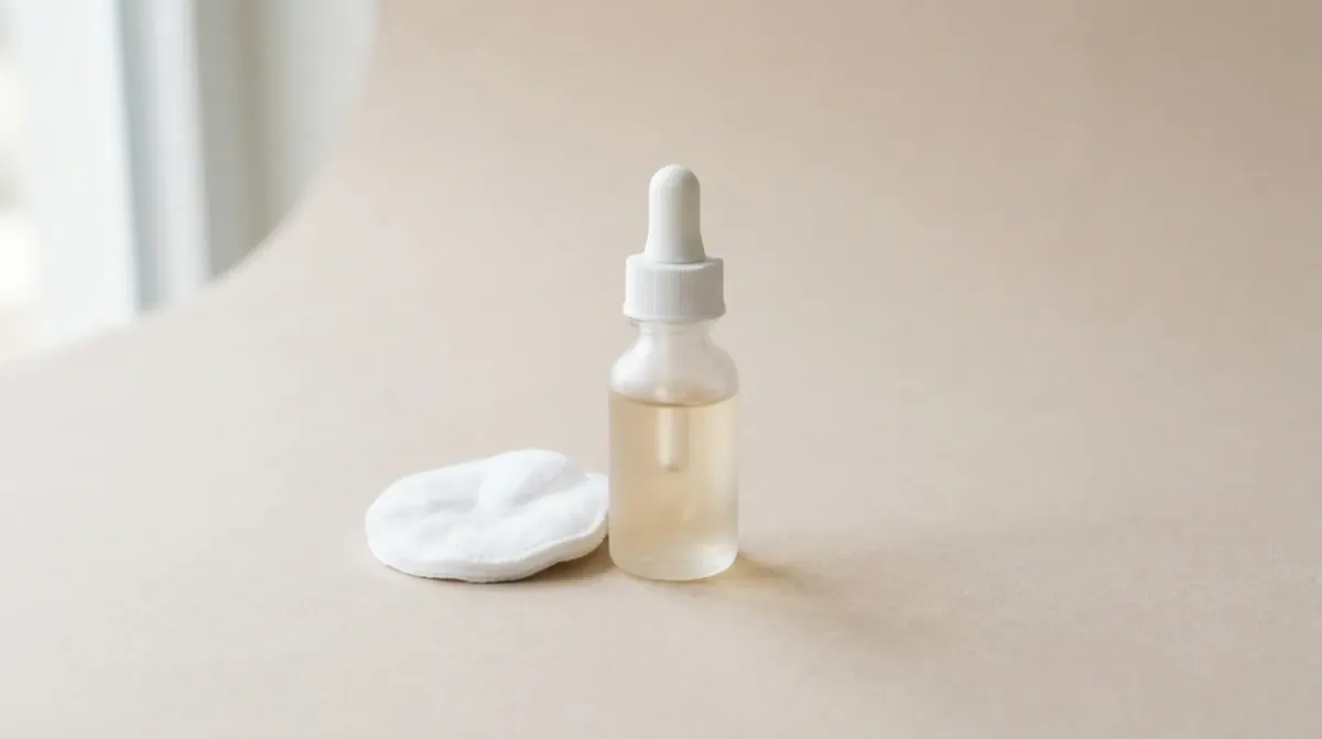 A small glass dropper bottle of clear liquid beside a round cotton pad on a plain beige surface