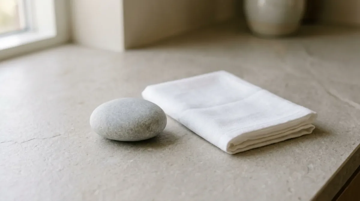A smooth grey pebble beside a folded white cloth on a stone counter