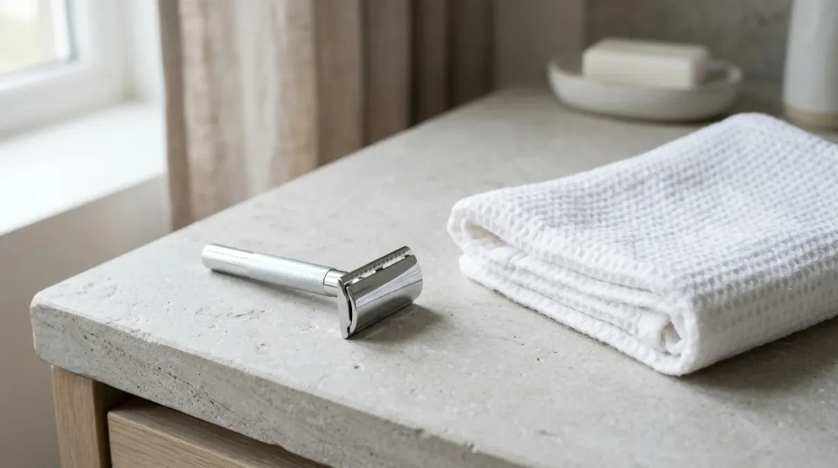 A chrome safety razor beside a folded white waffle towel on a stone counter