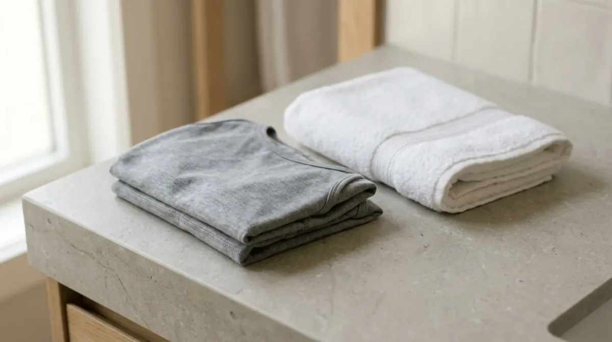 A folded grey cotton top beside a folded white towel on a stone counter