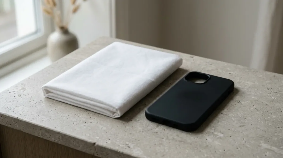 A folded cotton cloth, a closed white jar and a small plain dish arranged on a pale stone surface in daylight