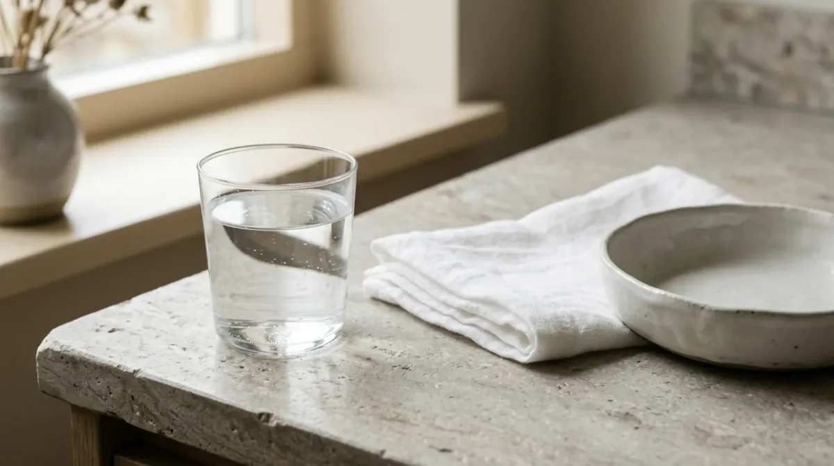 A clear glass of water, a folded white cloth and a shallow ceramic dish on a stone counter