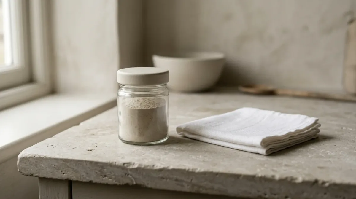 A small glass jar of pale powder with a cream lid beside a folded white cloth on a stone counter