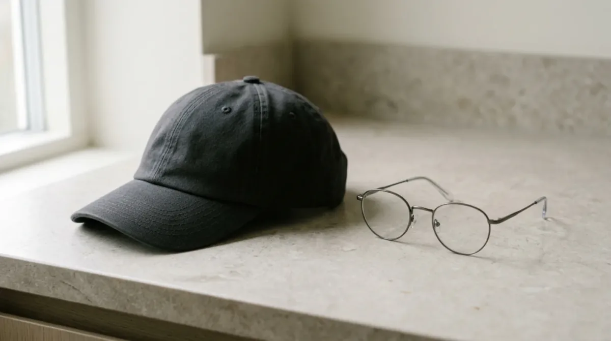 A plain dark cap lying beside a pair of thin metal eyeglasses on a stone counter