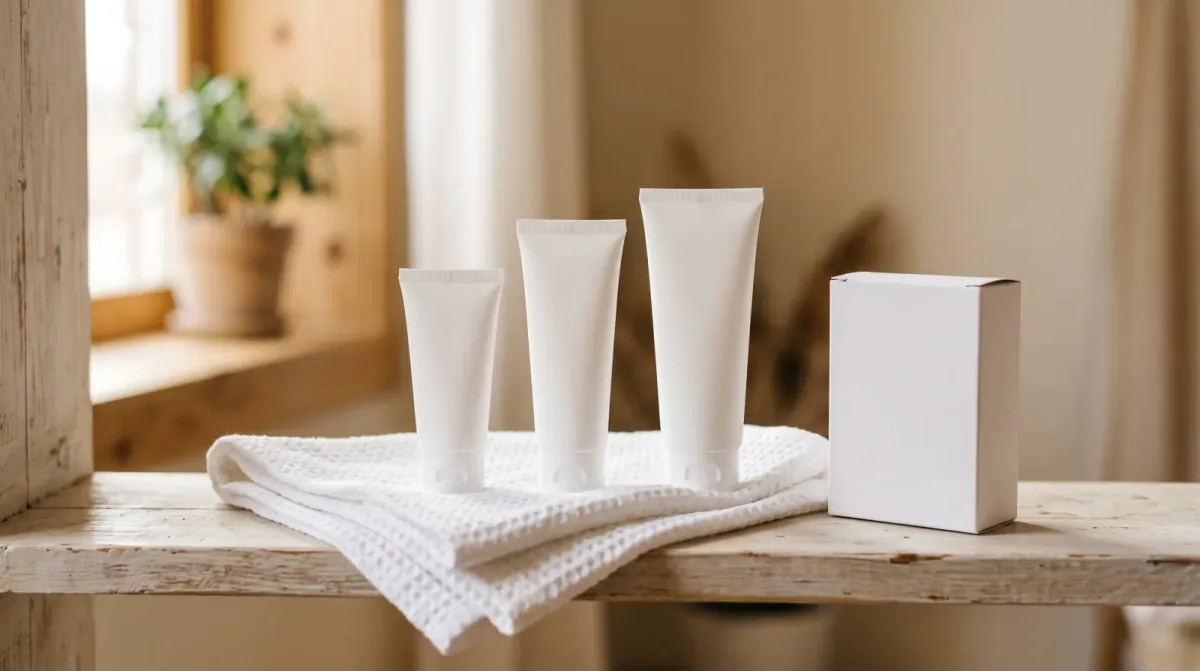Three plain white tubes in three sizes standing on a folded white waffle towel beside a plain white box on a wooden shelf