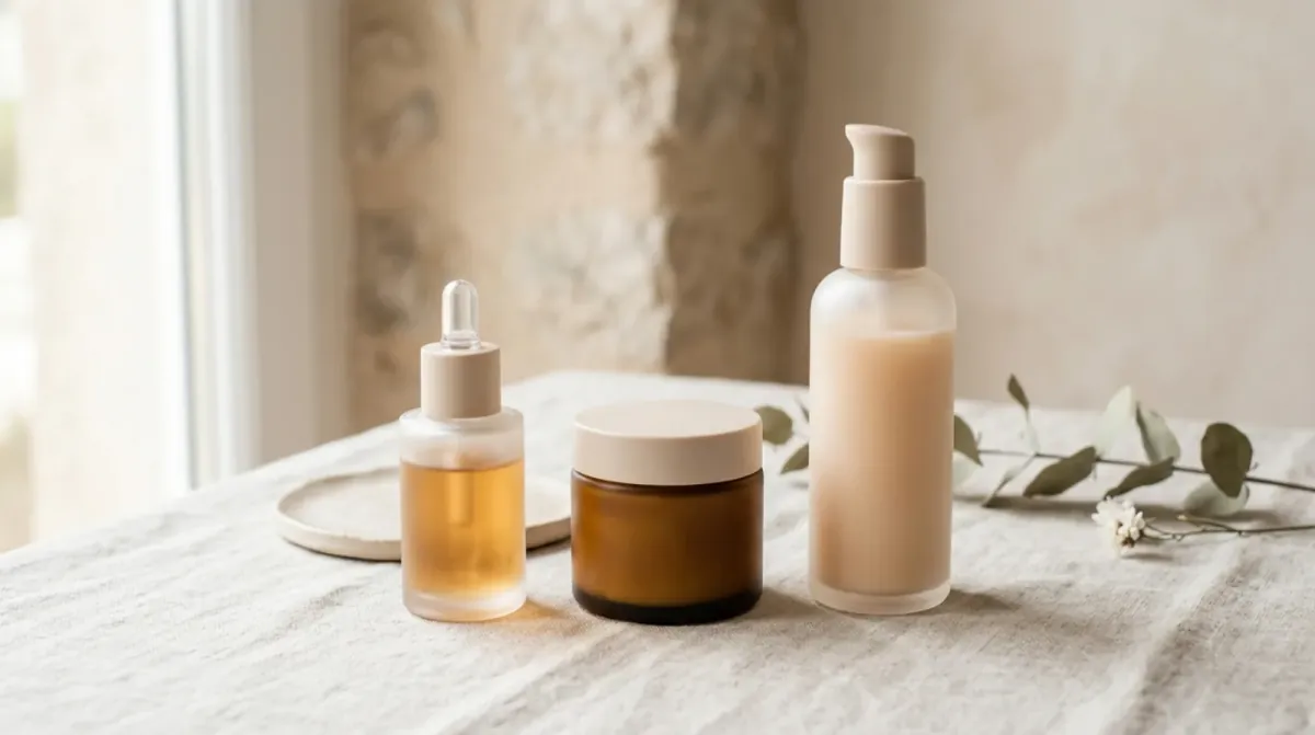 A glass dropper bottle of amber serum, a brown glass jar and a frosted pump bottle on a linen tablecloth beside a sprig of eucalyptus